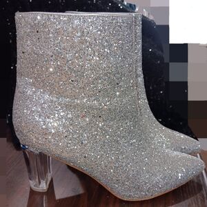 Allegra K Silver Glitter Ankle Booties with Clear Block Heel